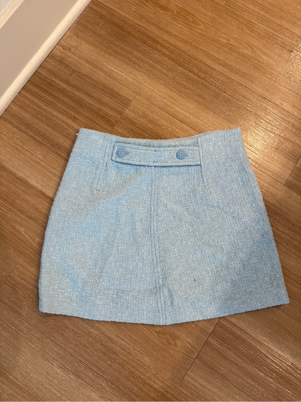 Zara Light Blue Tweed Mini Skirt with Buttoned Waist Tab